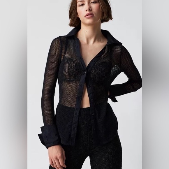 Free People Siggi Button Down Mesh Fishnet Shirt Top S black NWOT - Picture 1 of 9